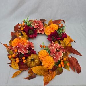 Fall Holiday Wreath 16" x 16" x 3.5" Leaves Pumpkins Floral Artificial New